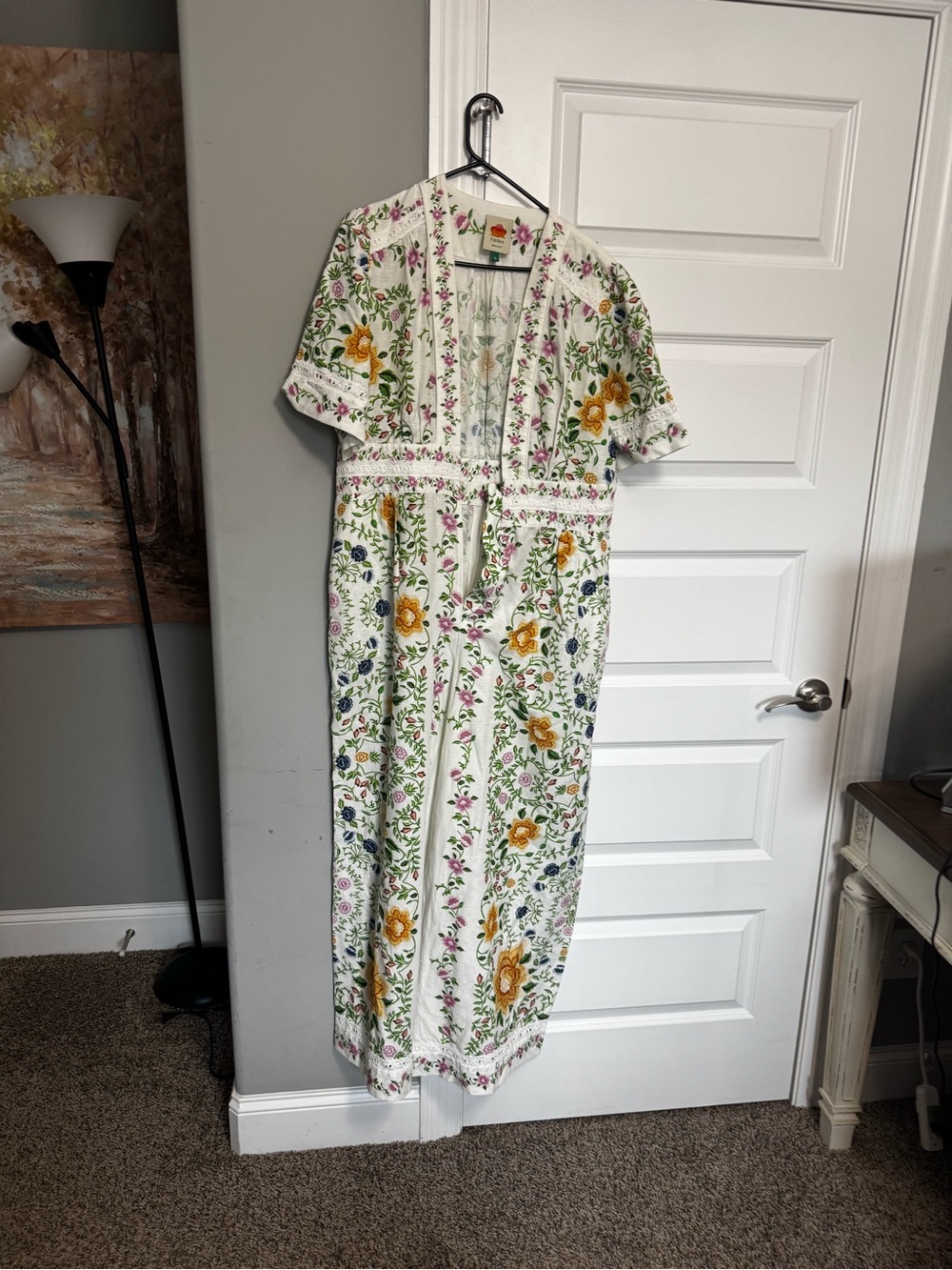 FARM Rio White Floral Embroidered Jumpsuit with Yellow & Green